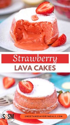 a plate with strawberry lava cakes