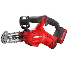 a red and black cordless chainsaw with the word craftsman on it's handle