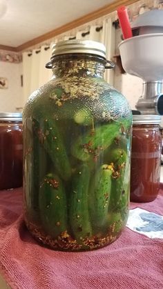 pickled cucumbers sit in a jar on a kitchen counter