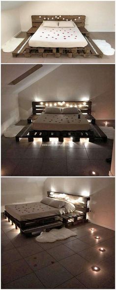 the bed is made out of pallets and has lights on each side to illuminate it's appearance