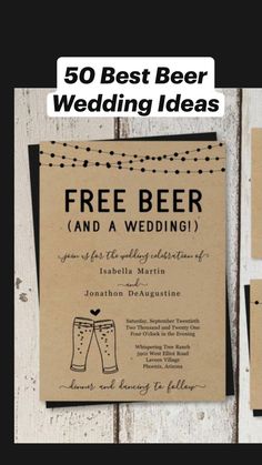 a wedding card with the words free beer and a pair of jeans on it, sitting next to each other