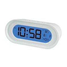 the alarm clock is white and blue