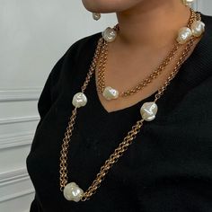 White Faux Baroque Pearl Necklace Belt Set METAL: Stainless Steel APPROX SIZE: 51" Adjustable Length. Earring 2" CLOSURE: Lobster Claw Clasp Elegant Gold-tone Metal Long Necklace, Long Pearl Necklace For Evening, Evening Long Pearl Chain Necklace, Evening Long Pearl Necklace, Elegant Metal Long Necklace, Elegant Metal Long Chain Necklace, Elegant Metal Long Necklace For Formal Occasions, Elegant Long Metal Necklace For Formal Occasions, Elegant Formal Metal Long Necklace