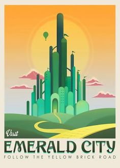 an art deco poster for emerald city, which is part of the yellow brick road