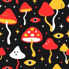 a black background with red, yellow and white mushrooms on it's sides is featured in this image