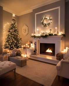 House Decor Christmas Ideas, Two Lights In Living Room, Cozy House With Fireplace, How To Bring Warmth To A Room, Living Room., Christmas Decor Ideas Luxury, Christmas Tree Fireplace Decor, Smaller House Ideas, Christmas Decor In Living Room