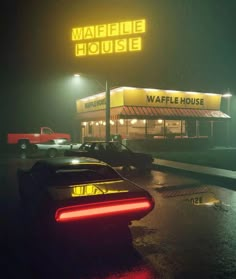 an image of a car parked in front of a waffle house restaurant at night