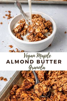 a bowl filled with granola sitting on top of a pan next to a spoon