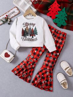 2pcs Young Girl Christmas Slogan Printed Sweatshirt & Plaid Flare Pants Casual Set, Autumn Winter Multicolor     Cartoon,Letter,Slogan  Slight Stretch  Young Girls Clothing, size features are:Bust: ,Length: ,Sleeve Length: Christmas Sweater With Letter Print And Long Sleeves, Christmas Pants Kids, Flare Pants Casual, Girls Christmas Pjs, Plaid Flare Pants, Christmas Pajama Set With Jingle Bells Written On Them & Black & White Plaid Pants, Christmas Slogans, Playful Long Sleeve Christmas Sleepwear, Winter Outfits For Girls