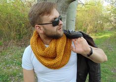 "Hand Knitted Mens Cowl in Beautiful Mustard Melange Shaded Color. It's perfect accessory for your winter styling. It'll also keep you warm and cozy.   You can wrap it around your neck twice. Knit with 30%  Wool and 70% Acrylic Yarn. Wool gives warmth and makes your skin breath. Yarn is soft and not itchy.    Lenght - 60cm (24\")  Width- 28cm(11\") One size fits all. Need Bigger one? Ask me! Cowl is knit in round - no seams at all. Need different color or size? Just let me know! Hand wash in luk Casual Yellow Winter Scarf, Mustard Shawl, Men’s Neck Scarf, Ochre Scarf, Yellow Winter Scarf, One Size, Winter Shawl, Knit Men, Mens Scarves, Winter Accessories