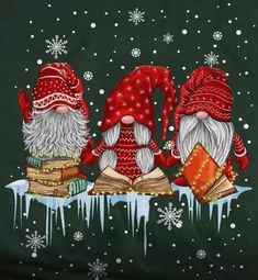 three gnomes are sitting on top of an ice - covered table with books in their hands