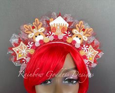 "Oh what fun it is to wear a reindeer gingerbread candy cane wonderland on your head! You will definitely be the life of the party!! This super festive headdress is made up of gingerbread, glitter snowflakes. peppermints, candy gum drops, gems, tulle and metallic leaves. Made on a 1\" white satin headband covered in red sequins trim. Super cute, super sparkly, and oh so fabulous Measurements: Sits about 3.5\" off top of the head About 12\" wide Weighs about 5.6oz Colors: red, brown, yellow, whit White Satin Headband, Christmas Headdress, Glitter Snowflakes, Work Holiday Party, Holiday Headbands, Christmas Hair Accessories, Peppermint Christmas, Satin Headband, Christmas Headband