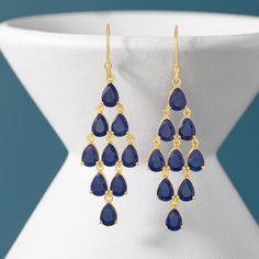 Ross-Simons - 11.00ct t. w. Sapphire Chandelier Earrings in 18kt Gold Over. An RS exclusive. These sophisticated drop earrings showcase 11.00 ct. t. w. pear-shaped sapphires cascading in a gorgeous chandelier design. Crafted in 18kt yellow gold over sterling silver, this elegant pair is enchanting with a rich look and soft, swaying movement. Hanging length is 2 1/4". Earwire, sapphire chandelier earrings. Sapphire birthstones are the perfect gift for September birthdays. Earrings Sapphire, Sapphire Birthstone, September Birthday, Chandelier Design, Sterling Jewelry, Chandelier Earrings, Pear Shaped, Garnet, Pear