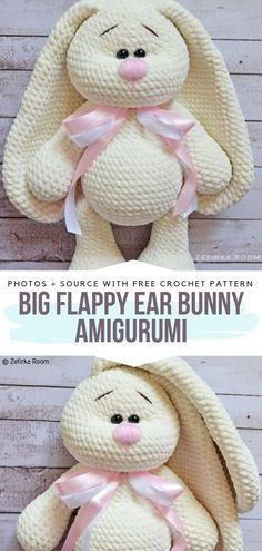 the stuffed animal is white and has pink ribbon around it's neck, with text overlay that reads, big flappy ear bunny amigurmi