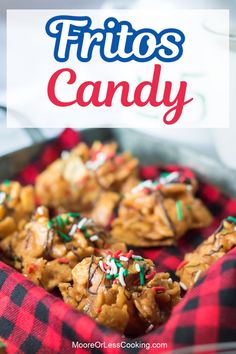 a close up of some cookies in a pan with the words fritos candy on it