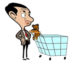 a cartoon man pushing a shopping cart with a teddy bear in it's mouth