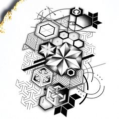 a black and white drawing of an abstract design with geometric shapes on the bottom half of it