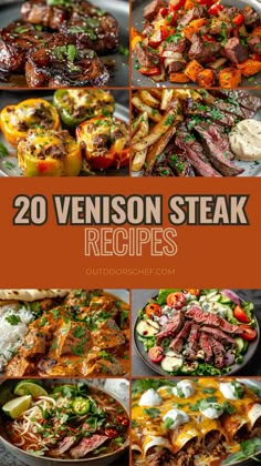 the cover of 20 venison steak recipes with pictures of different meats and vegetables