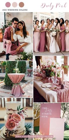 a collage of photos with pink and gold wedding color palettes for the bride and groom