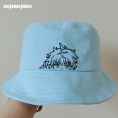 Blue Bucket Hat, Embroidered Bucket Hat, Aesthetic Grunge Outfit, Anime Inspired Outfits, Anime Accessories, Streetwear Sneakers, Painted Clothes, Sewing Embroidery Designs, Vintage Streetwear