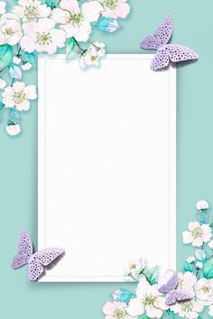 an empty paper surrounded by flowers and butterflies on a blue background with space for text