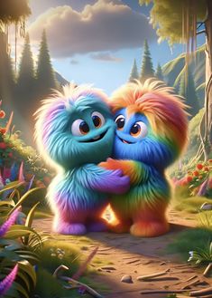 two colorful furry animals standing next to each other