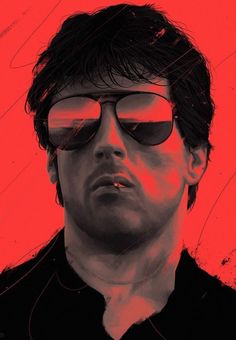 a man with sunglasses on his face in front of a red background that has the image of john mca