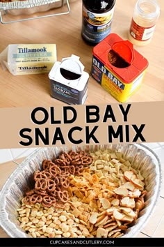 an old bay snack mix in a tin pan