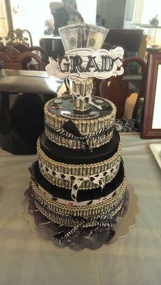 a cake that is stacked on top of each other with the words grand written on it