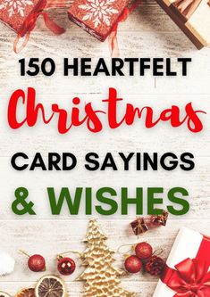 christmas card sayings and wishes with presents on the table in front of it, surrounded by