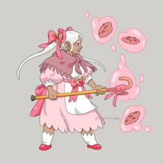 a woman in pink and white holding a stick