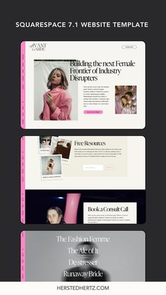 the website design for squarespace is shown in three different colors and sizes, including pink