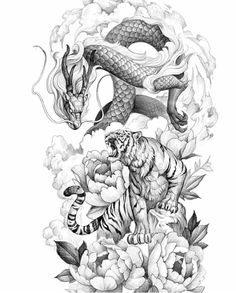 a dragon and tiger tattoo design with peonies on the bottom half of it