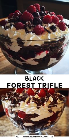 black forest trifle with whipped cream and raspberries in a large glass bowl