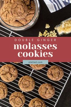 double ginger molasses cookies on a cooling rack with the title text above it