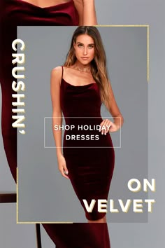 a woman in a red velvet dress with the caption shop holiday dresses on velvet