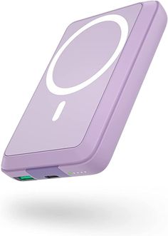 an electronic device with a purple cover on the front and back sides is flying in the air