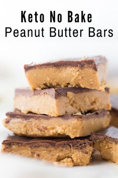 no bake peanut butter bars stacked on top of each other with text overlay