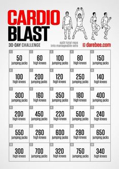 the cardio blast 30 - day challenge is shown in black and white with red lettering