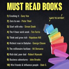 the must read books list is displayed on a blackboard with yellow writing and colorful images