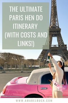 a woman standing next to a pink car in front of the eiffel tower