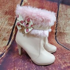 Pink Fur Heel Boots New Without Tags Brand Unknown Size 6.5 6 1/2 Pink Fur Lining Accented With A Bow, Strap And Dangling Gem Fur Heel Boots, Pink Fur Heels, Faux Boots, Fur Heels, Funky Shoes, Pink Fur, Pretty Shoes, Heel Boots, Cute Fits