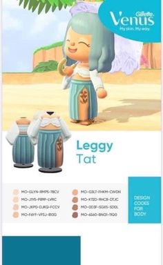 an advertisement for leggy tat with cartoon characters on the front and back side