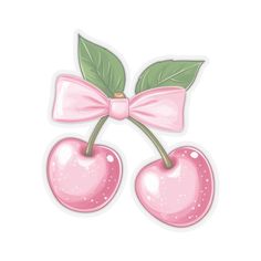 two cherries with pink bows and green leaves