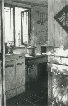 a black and white drawing of a kitchen