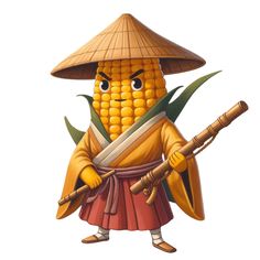 an image of a cartoon character holding a knife and corn on the cob in his hand