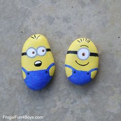 two rocks painted to look like minions from the movie despicables are shown