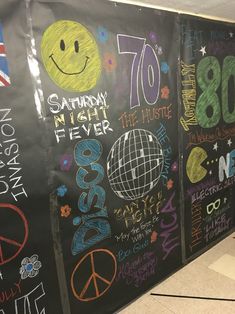 the chalkboard wall is decorated with many different types of writing and numbers on it