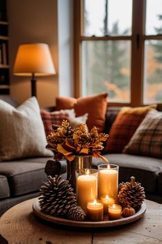 Fall Kitchen And Living Room Decor, Autumn Home Decor Minimalist, Interior Autumn Decor, Living Room Fall Aesthetic, Fall Vibes Living Room, Fall Decor Ideas For An Apartment, Fall Living Room Decor With Grey Couch, Modern House Fall Decor, Autumn Decorations Living Room