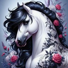 a painting of a white horse with black hair and roses on it's back